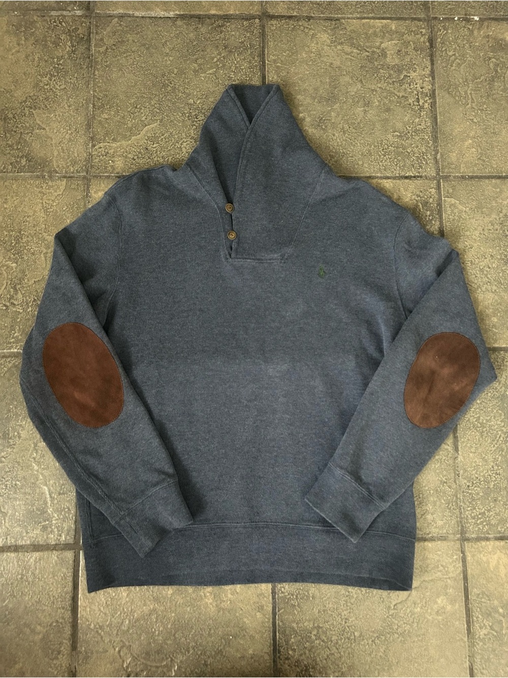 Polo Ralph Lauren Sweater Men Large Blue Shawl Collar Pullover Elbow Patch Pony